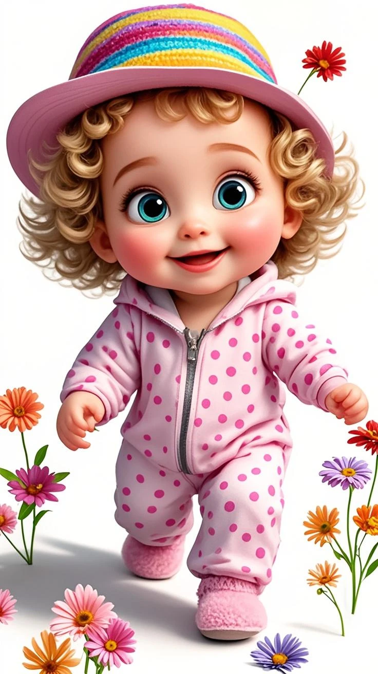 baby with curly blonde hair, eyes browns, big eyelashes, rosy cheeks, blue butterfly dress, with a big blue bow on her head, great smile, blue and pink sandals, at school Avatar 3D