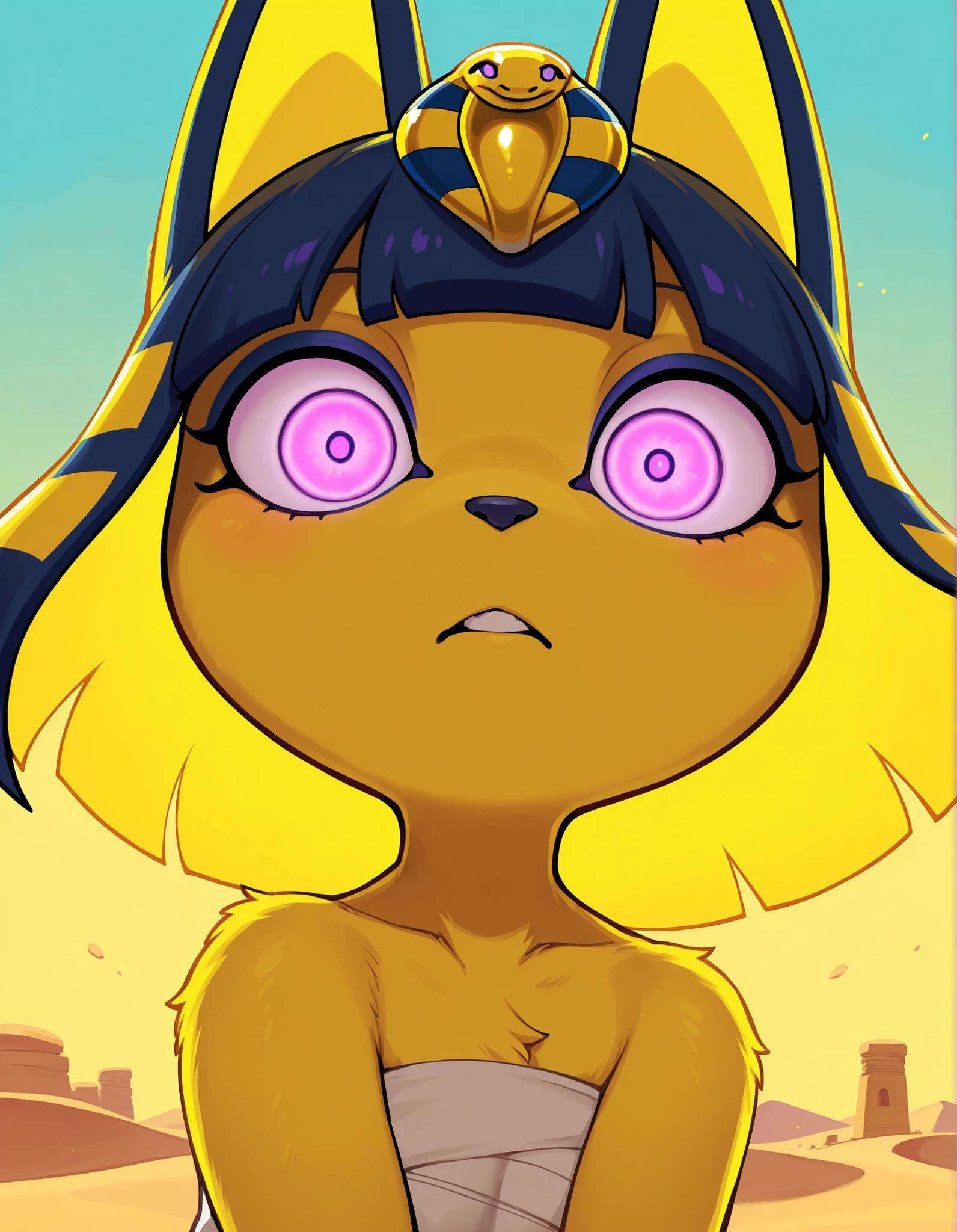 1girl, furry, ankha \(animal crossing\), yellow background, yellow theme, blue background, desert, purple eyes, glowing eyes, wide-eyed, looking at viewer, close-up,