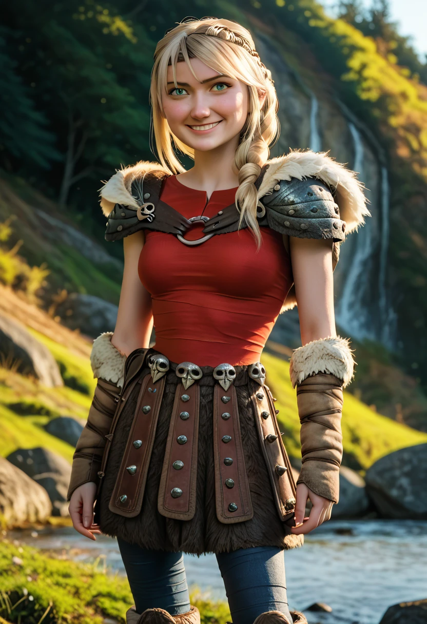 Masterpiece, Best quality,, (photorealistic1.4), (UHD), (epiCRealLife), (flashphoto),, (photorealistic1.4), (Chloe Grace Moretz smile), (chl03gm), (Astrid Hofferson Costume), (astrid_Character), (Astrid Armor) (AstridWaifu), (cowboy shots), (Medieval outdoor), (castle landscape), (at night), (night time), (moon light),