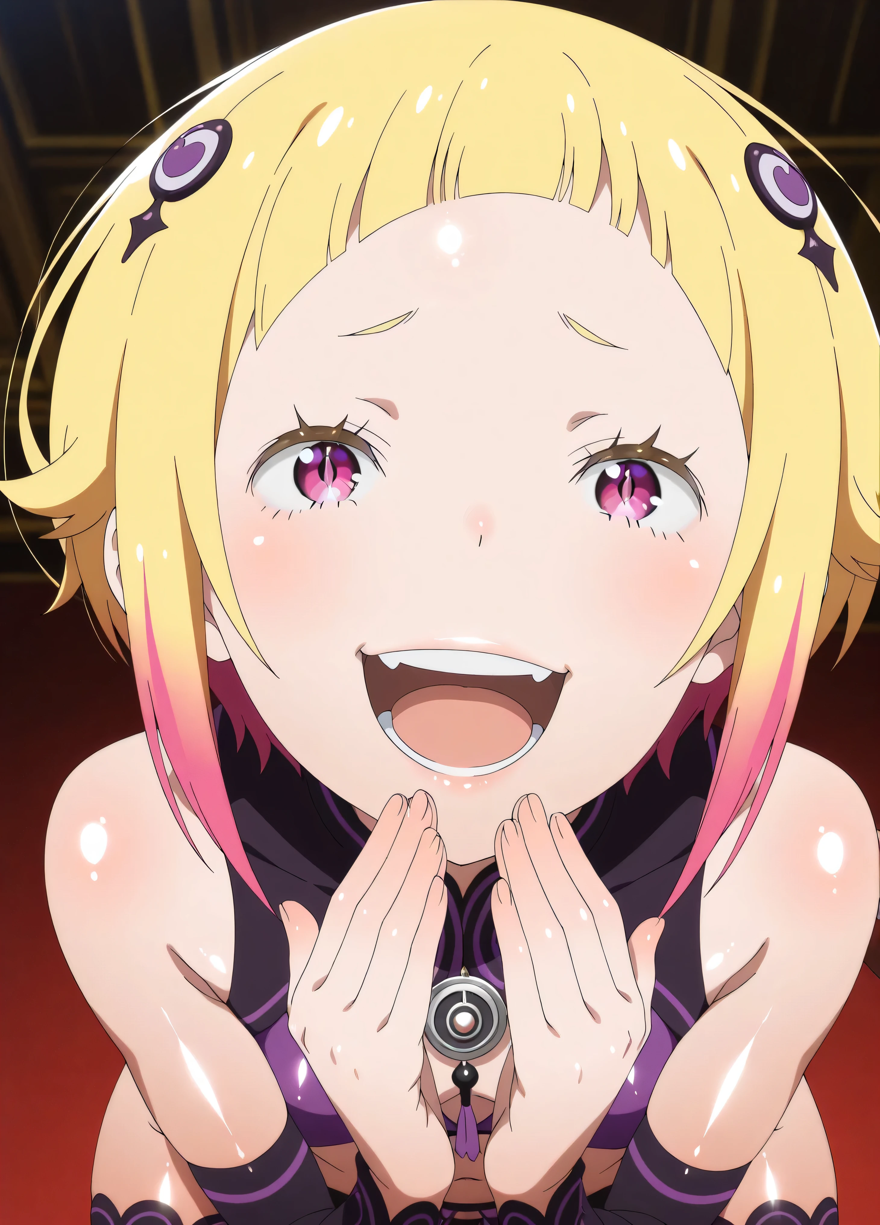 , Capella,re:zero
High quality ,  best quality , masterpiece,  High Resolution , detailed face( LoRA: Capella),anatomically correct, detailed hairstyle( LoRA: Capella),anime Coloring
solo, 1 girl
,multicolored hair,blonde hair,short hair,pink eyes,(shiny skin:1.9),
, purple midriff,black shorts,black thighhighs,hair ornament,
, close-up, looking at viewer,from above,upper body, (laugh:1.9),