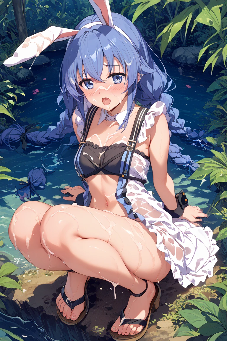 ((masterpiece, best quality)), (1girl), (solo), (female focus), short hair, light blue hair, black eyes, ((bikini_top), (buttoned buruma)), (frilled socks), (hand_to_mouth)), (large breasts), 4k, 8k, milf