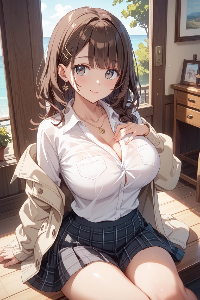 (table top, highest quality, High resolution, , perfect pixel, 4k,), 1 girl, single, alone, Beautiful woman、I could see the whole body、 ((wavy mid hair, bangs, brown hair)), ((brown eyes, beautiful eyelashes, realistic eyes)), ((detailed face, blush:1.2)), ((smooth texture:0.75, realistic texture:0.65, realistic:1.1, Anime CG style)), medium breasts, dynamic angle, perfect body, ((, female teacher, , earrings、necklace、white shirt with collar、Shirts without buttons、Dark blue flared skirt、black knee high stockings、open both legs wide、、shy smile、Sit on the floor、leaning forward)), Upper grade、、、evening、、(You can see the white and pink lace panties and bra、、(Bring your chest and arms together、Lift up your skirt and show your panties、The wind blows up my skirt)、angle from below)、