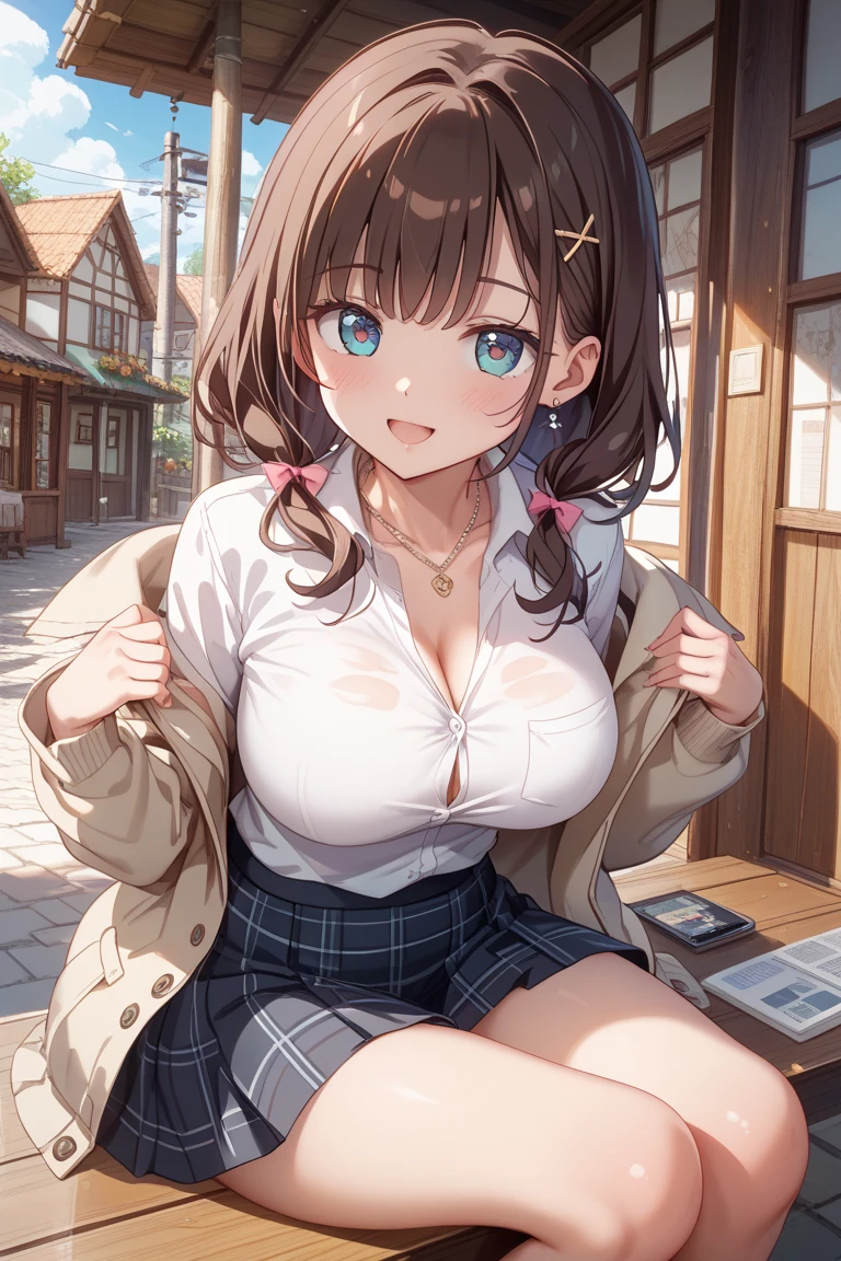very cute and beautiful girl,(highly detailed beautiful face and eyes),wavy mid-length hair,bangs,black hair,
(shy smile),(blush:1.2),looking at viewer,perfect body,
(female teacher,earrings,necklace,light beige open neck sweater,cleavage,dark blue flared skirt,black knee-high stockings),
arms behind back,leaning forward,looking up,from below,
(best quality,masterpiece),absurdres,highres,ultra-detailed,extremely detailed,32k,8k resolution,
intricate details,cinematic scene,detailed background,solo,dynamic angle,