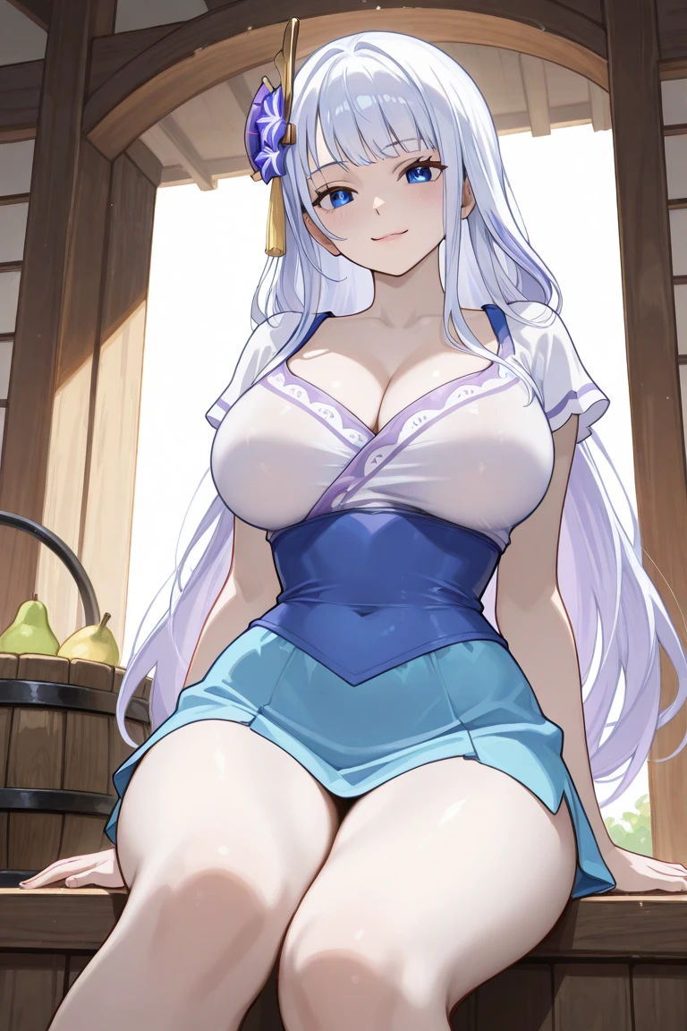 ((obra maestra)), ((mejor calidad)), ((Altas Resoluciones)), ((extremadamente detallado CG unidad 8k wallpaper)),manos sosteniendo sus senos, (posando al espectador)sonrisa seductora,El cabello es de un color gris de longitud media ,Yumi Hara (Senran Kagura),(big breasts: 2.0),(large senos:2.0)(ass:0.2)has pale white skin and icy blue eyes. Her hair is a medium-length gray color that is slightly repressed at the back with a white bow that has blue stripes at the ends....., She wears a solid white kimono that hangs from her shoulders and exposes her chest....... The suit has a blue double-lined border with a light blue obi on the back...,