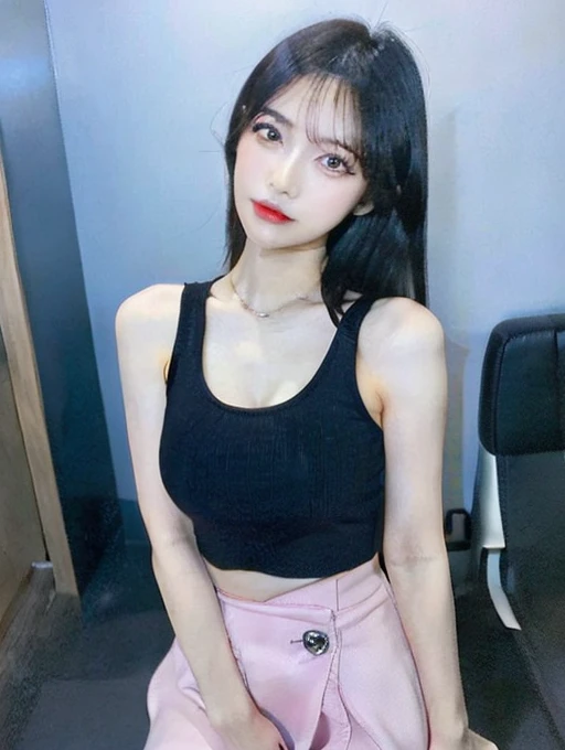 (masterpiece:1.3), (8K, realistic, Raw photo, highest quality: 1.4), (1 girl), beautiful face, (realistic face), (brown hair, you feel the skin、 short hair:1.3,With bangs), beautiful hairstyle, realistic eyes, fine and beautiful eyes, (realistic skin), beautiful skin、((navy miniskirt、off shoulder shirt、I have a black bag、beautiful necklace))、Breast flick、((medium breasts))、(in a crowded train)、From the side、full body、(look away)、I can see the whole body、(Are standing)、crossed arms、((chest hold))、18 year old beautiful girl、beautiful clavicle