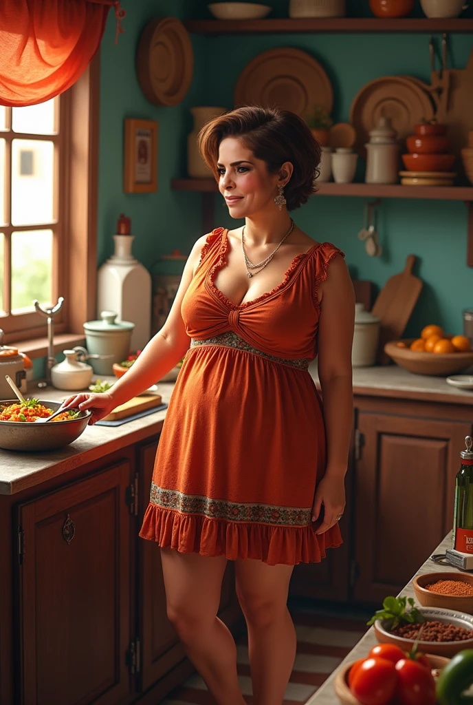 there is a woman standing in a kitchen with a red dress, 3 5 year brazilian mother, wearing orange sundress, by, 3 0 years woman, looks like, 30-year-old woman from cuba, she is about 50 years old, full body frontal view, she is about 6 0 years old