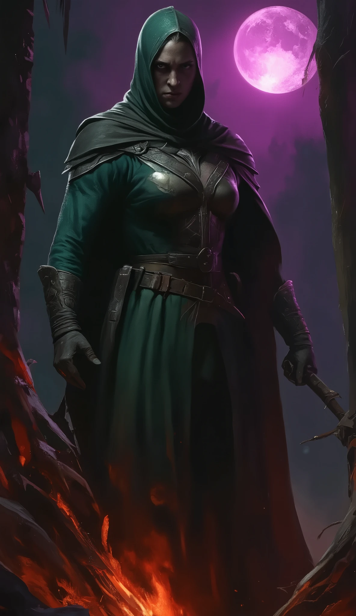 A dark fantasy theme of a female Dark Witch woman in medieval style , hood, on forest, dark spell, in dynamic pose, twin moon in sky, bonfire. Glowing purple green and pink background glowing lighting.