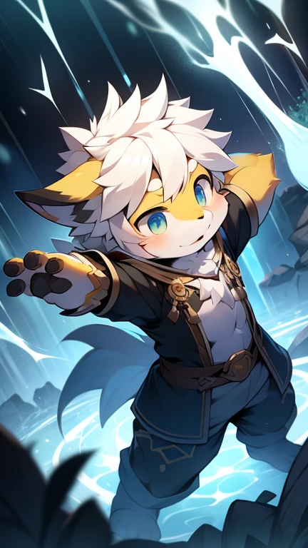 ,A white male cat,Orange fur,White fur,Silver hair,Golden Eyes,Big furry tail,Furry ears,Meat pad,happy,cute,Q version,clothed in space suit,In the universe,Strange environment,In space