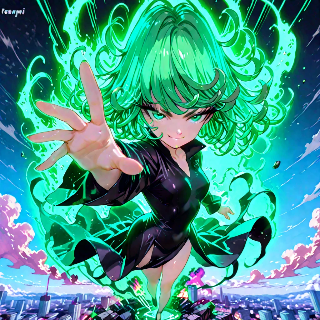 beautiful teenage 1girl floating in air, full body, lightning thunder, green hair, destroyed buildings, lightning hands, electricity, barefoot, fisheye effect, tesla, lens flare, flash, black tight dress, storm, tornado, tatsumaki, close up, lightning flowing over body, psychic power,