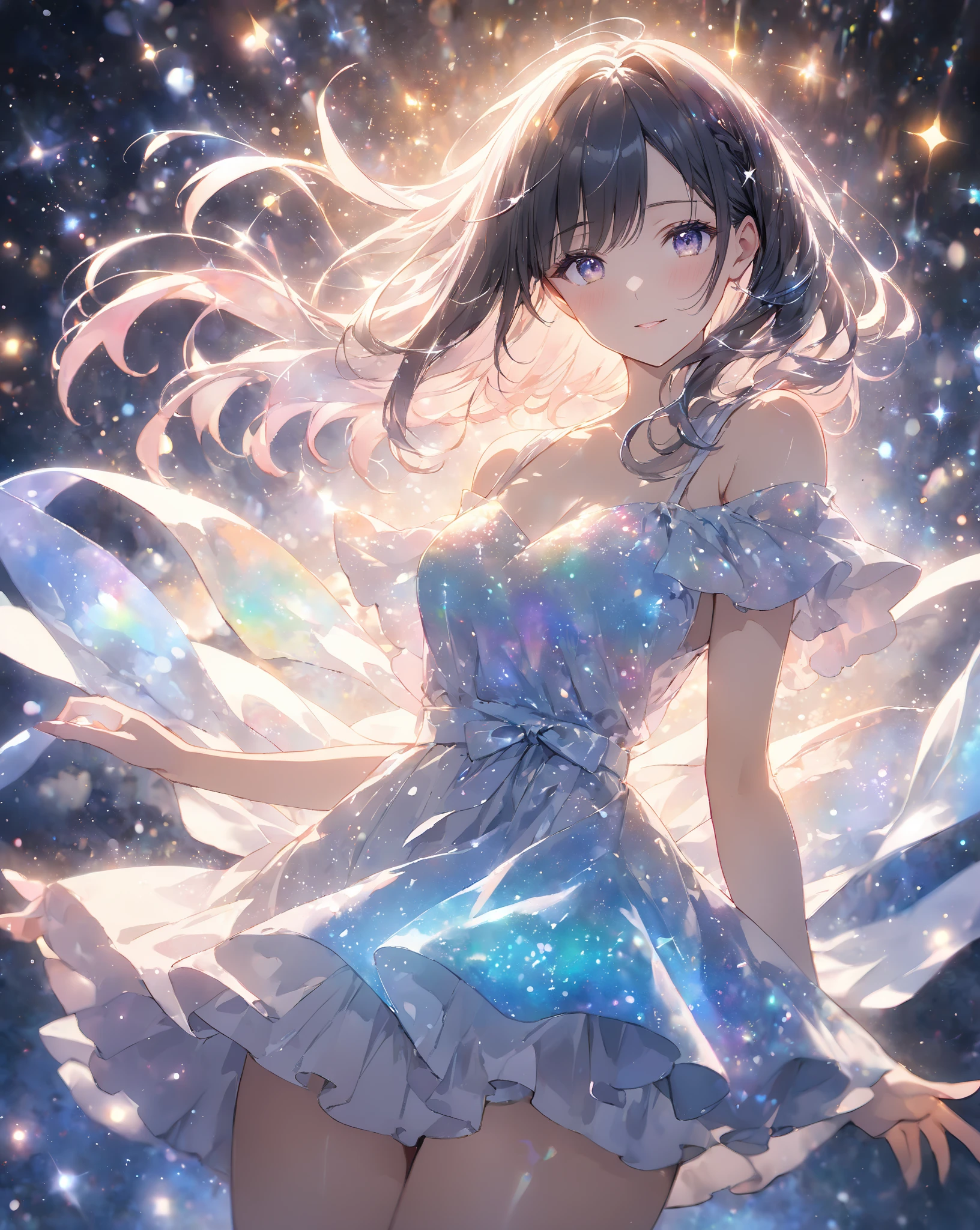 raw photo:1.2, masterpiece:1.2, highres, highest quality, beautiful detailed, ultra-realistic, photorealistic:1.37, (hologram projected:1.4) cute girl (full-body), hologram infographic, 3d render, perspective light particle trail, pouring laser beams from above:1.3