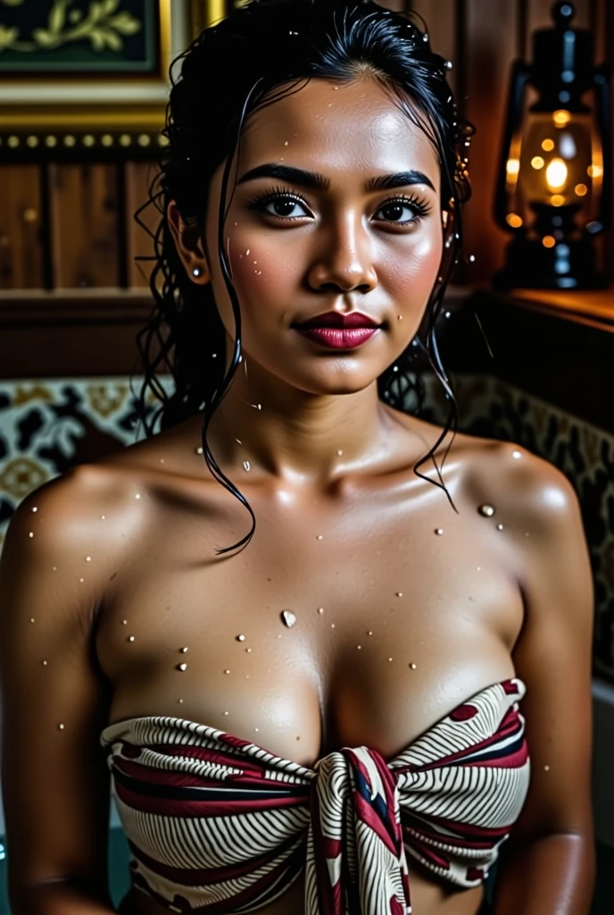 Beautiful elderly woman, cute,sexy,55 years old,,sexy, old woman,freckles, super long suckable droopy tits:1.6 Big saggy Breasts, torpedo tits, Nude, popped out, nipple seen, one boob out, , Side boob, Curly Hair bunches like a school girl, loop earrings, hair bunches, cute hair, rosey cheeks, Create a highly detailed and realistic oil painting of a Filipino woman bathing. She has long, dark hair, and is depicted in a warm, intimate setting with sunlight streaming through a window behind her, illuminating her figure and casting gentle shadows. The background features rustic, earthy tones with hints of a tropical environment visible through the window. Her expression is calm and serene, and she is dressed in a delicate, partially transparent garment that clings to her wet skin, adding to the painting's sense of realism and intimacy. The artist's brushstrokes should be visible, adding texture and depth to the painting, capturing the play of light and water on her skin and surroundings.