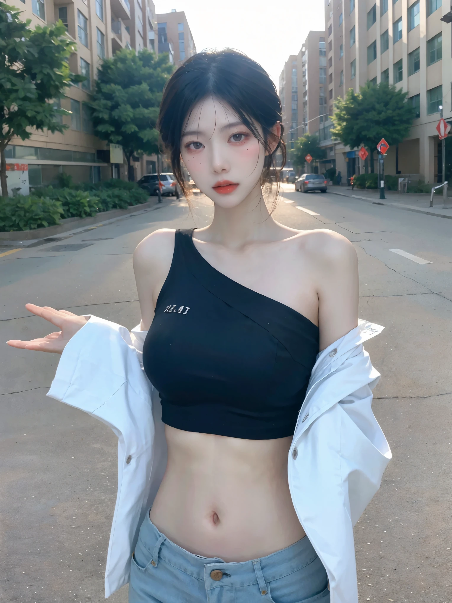 (beautiful korean female idol, topless, wearing uniform jacket, dancing on stage,no pantie, going commando, short hair, legs raised, exposed female genitalia, holding microphone, black hat, ultra hd, best quality, high resolution, surreal, extremely beautiful, 24000dpi)
