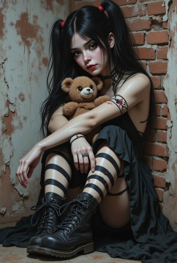 Manga style:1.5,  Close-up of a young woman with tattoos on her arms and left cheek,  bangs up to her eyebrows , light eyes,  her head tilted slightly downwards ,  looking at the camera ,  boucles sur les côtés de sa tête ,  wears long hair with braids Careful ,  Black hair,  boucles d'oreilles dans chaque oreille ,  elle appuie son menton avec les deux mains ,  she wears rings ,  tie suit on the top and shoulders , jupe courte moulante ,  long black media transparent , bracelets on their hands,  has a black teddy bear on her knees ,  gray background with different brushstrokes , gothic style:1.3, sombre,  Your expression is one of sadness  ,  digital art by Hikari Shimoda  , dans CGSociety  ,  surréalisme pop ,  low quality pop surrealism  ,  surréalisme pop  low quality art style, Beeple y Jeremiah Ketner,  Japanese pop surrealism  , Cute kawaii, low quality art,  bel art détaillé ,  illustration in the style of Guweiz  ,  surrealist pop art style 