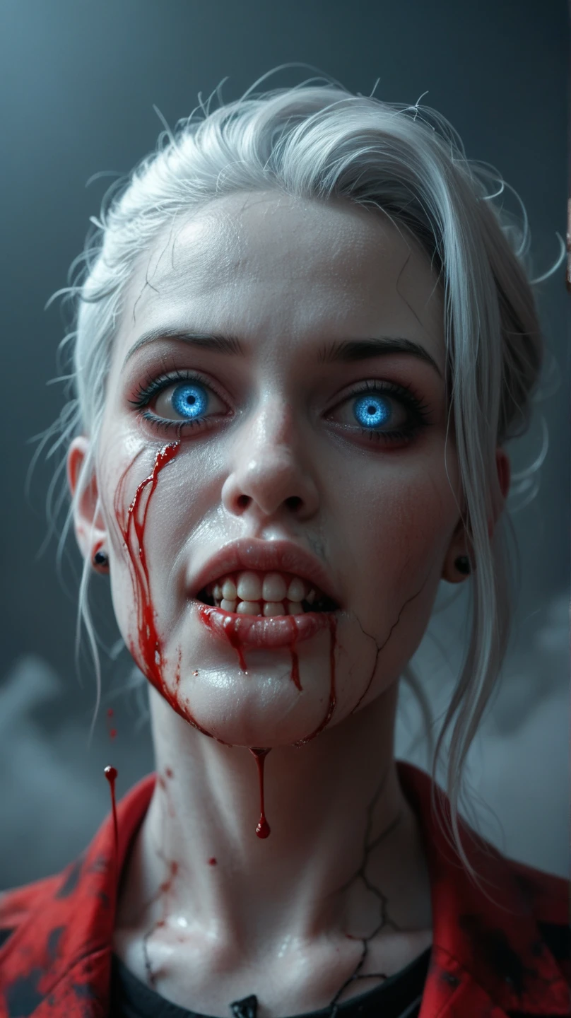 Arabian woman with a creepy face, White hair and a bloody mouth, Indie Video Game Horror, Horror game graphics, Horror Video Games, Stills from an animated horror movie, [ Horror game ], Jump scares, Horror game, Zombies with white eyes, playstation 2 Horror game, Face of fear, Jump scares, Glowing eyes and mouth, Highly detailed horror, scary pose
