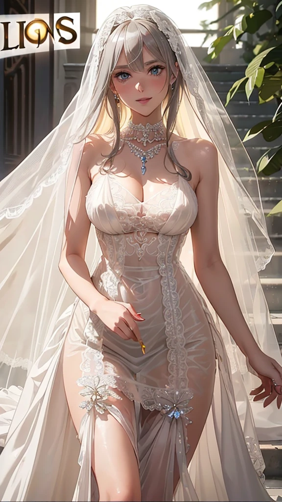 ((((masterpiece, best quality, high resolution)))), Extremely detailed 8K, Beautiful girl body, (Ultra HD, Ultra-detailed, Highly detailed, Highly realistic, Ultra-realistic, photograph realistic), Point of view, 1girl, white hair, purple eyes, bob cut, wavy hair, average breasts, blush, light smile, glow, thighs, bare shoulders, collarbone, narrow waist, cleavage, (masterpiece), (wedding dress, bridal veil, bridal garter, wedding ring), (beautiful detailed face, beautiful detailed eyes), bedroom, night time, night light, seductive expression, seductive eyes, ahegao, lustrous
