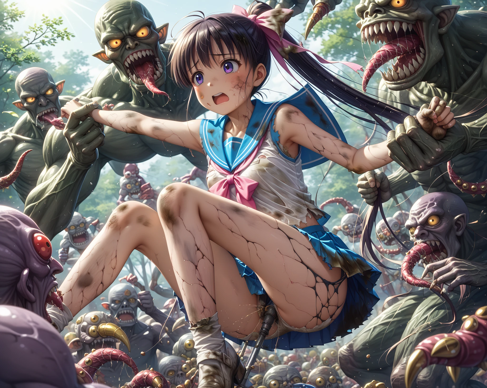 (Ultra HD, Highest quality, High resolution, Hyperrealistic, super beautiful), 24000dpi, One beautiful woman, high school girl, Long Ponytail, Well-formed eyes, be scared, screamをあげる, cry, 18-year-old, Alluring, Completely American, perfect body, Physical Beauty, scream, cry, ((Japanese Sailor Suit:1.5, Pleated mini skirt)), Absurd, ((nsfw)), (((Anatomically correct1.3))), (((Four baby goblins are touching her body.:1.4, Goblin puts his head inside the skirt, Torn clothes))), Humiliation, humiliation, JK Raper, whole body,Outdoor, in the forest, Dark Night