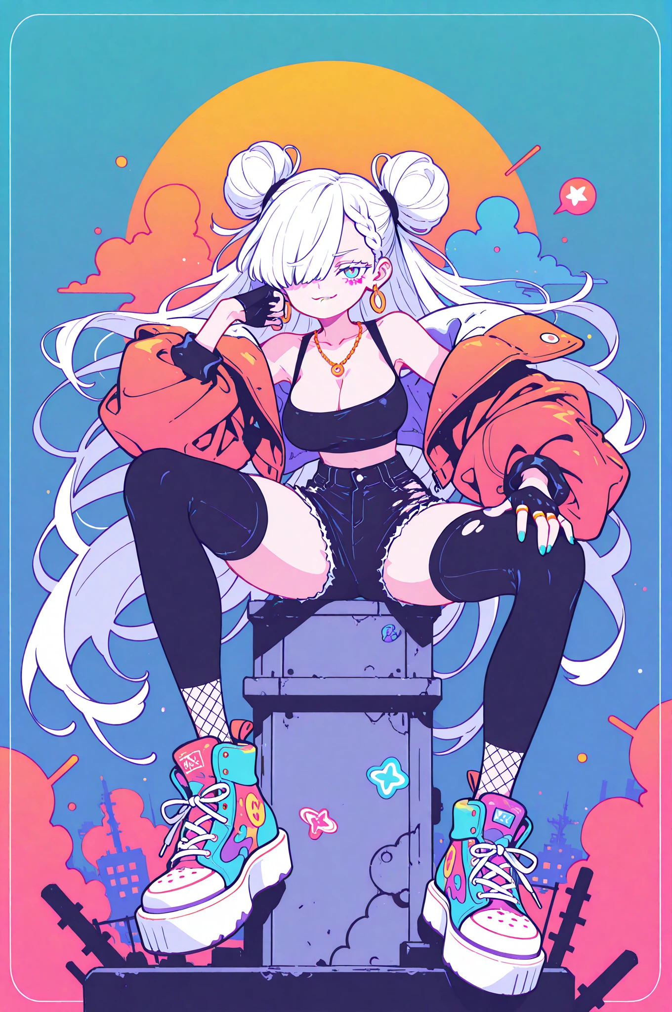 Girl with long hair and bangs with white eyes, clown-painted face, oversized t-shirt, white legs with black fishnet stockings and boots