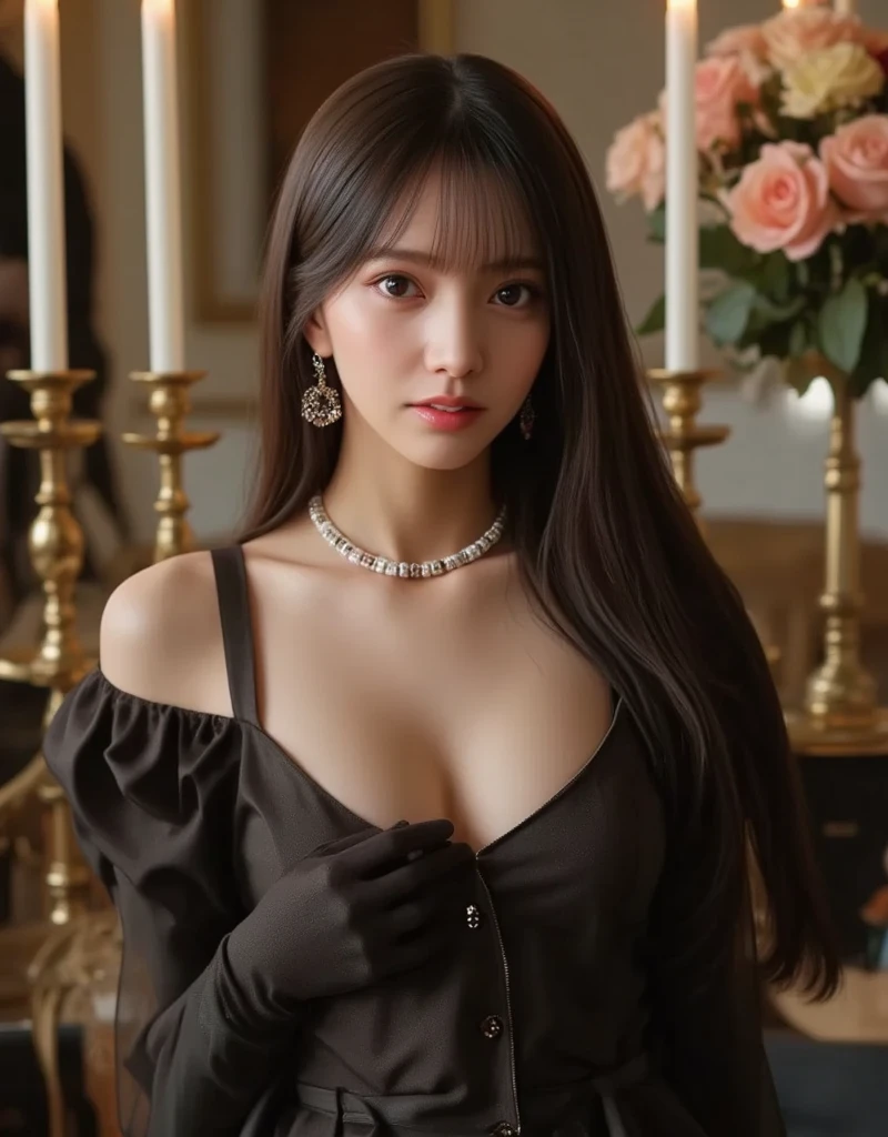 dark dress ((knee shot)), ((Shoot at random angles)), ((Visible cleavage)), ((E-cup)), ((I-type Valley)), ((Warm colors)), Long-range shooting, A beautiful woman,Elegant posture,Standing,Slender figure。Her legs are slender and straight,Cross placement,Forming a perfect diagonal composition。Head gently sideways,Long blond hair falls naturally,Gently brushing her shoulders。Soft colors,In stark contrast to her fair skin。The edge of the skirt ripples gently,As if swaying in the breeze。Her eyes were gentle,There is a faint smile on the lips。The whole picture looks very harmonious and beautiful