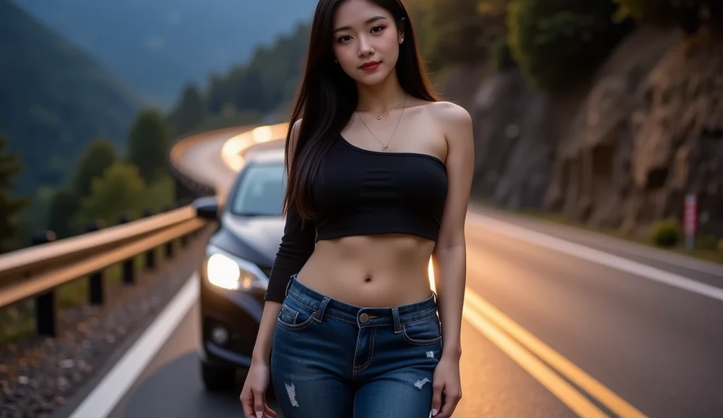 Southeast Asian Beautiful Girl、Low-bottom shorts、Tank tops、on the road