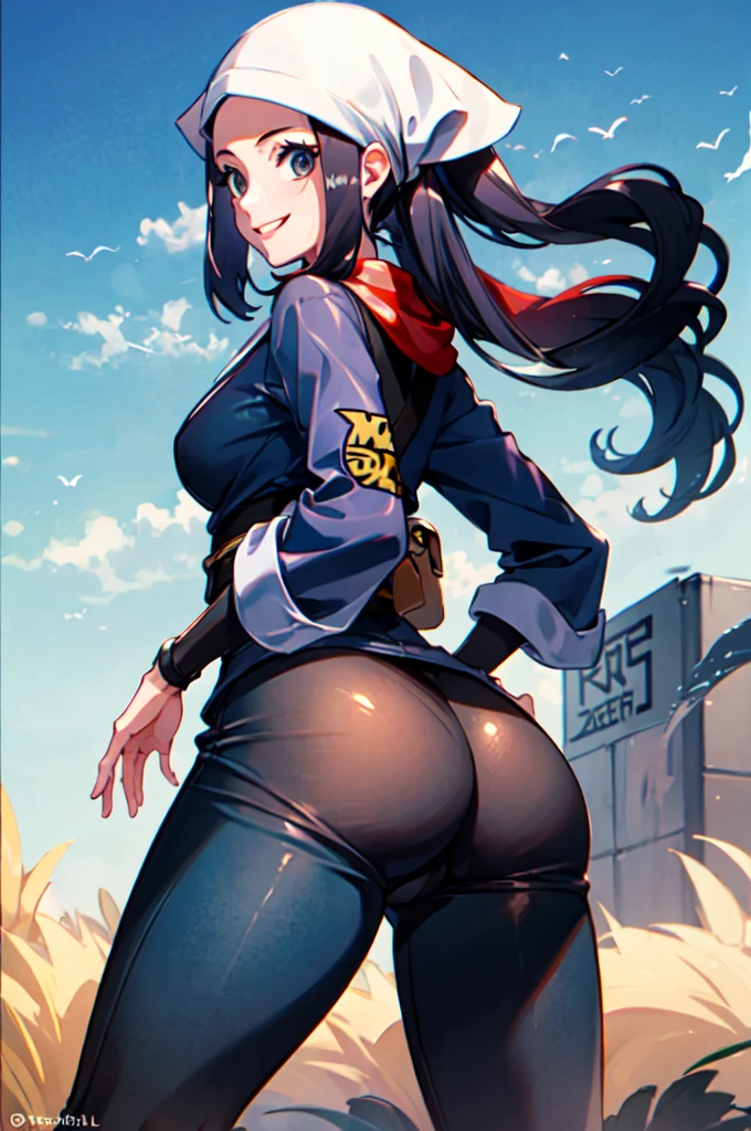 1girl, tan skin, tan, tan-skinned female, from behind, ass, ass focus, thong, panties, jacket, smile, smirk, smug, breasts, huge ass, ((huge ass)), thick thighs, mature female, milf, hourglass figure, black hair, very short hair, yellow eyes, forest, black jacket, ((black jacket)), hooded jacket, belt, military hat, cap, gloves, highleg, spiked hair, ((highleg)), military jacket, bare legs, tomboy, ((walking)l, walking