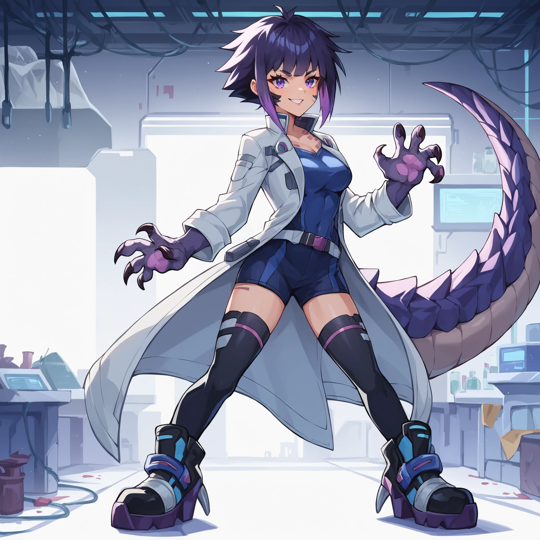 score_9, score_8_up, score_7_up, score_6_up, 1girl, Anime artstyle, An scifi dinosaur scientist, human face, clawed boots, clawed hands, large tail, short female, dressed in lab coat, heavy coat, full body art, heavy boots, anime art, confident expression, dark hair, purple eyes, dynamic, cyberpunk, fully in frame, lab background, magical powers, dinosaur girl, monster girl, dinosaur mage, mage, monstergirl, half dinosaur,