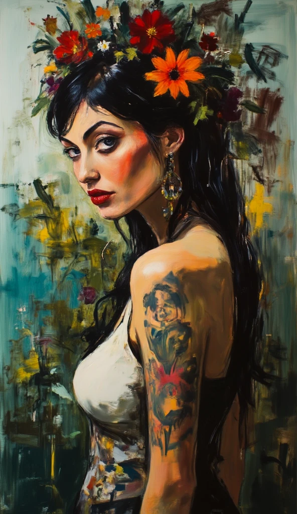 James Gurney, Surrealist art , dream-like, Mysterious, Provocative, symbolic, Complex, detailed,, (Gothic but very beautiful:1.4), (masterpiece, highest quality:1.4) , Nicola Samori Style, Naked woman with lots of flower tattoos
