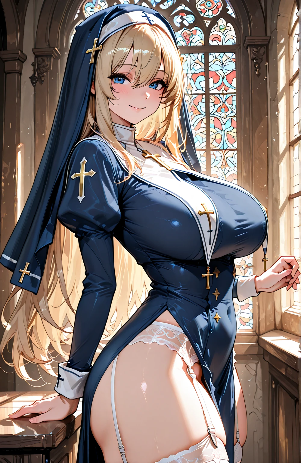 expressive eyes, (((1 girl))), ((anime)), (blonde, long hair,), (blue eyes), (half closed eyes), ((very big breasts)), ((perky chest)), ((cleavage)),(exposed chest), ((exposed thighs)),((See-through,nun clothes)), ((underboob)),((front of clothes)), ((dull bangs)), ((white, race)), ((church)), enchanting smile, princess cut, shiny hair, saint,(masterpiece), anatomically correct art, Super detailed, advanced details, high quality, 最high quality, High resolution, 4k, 8k,