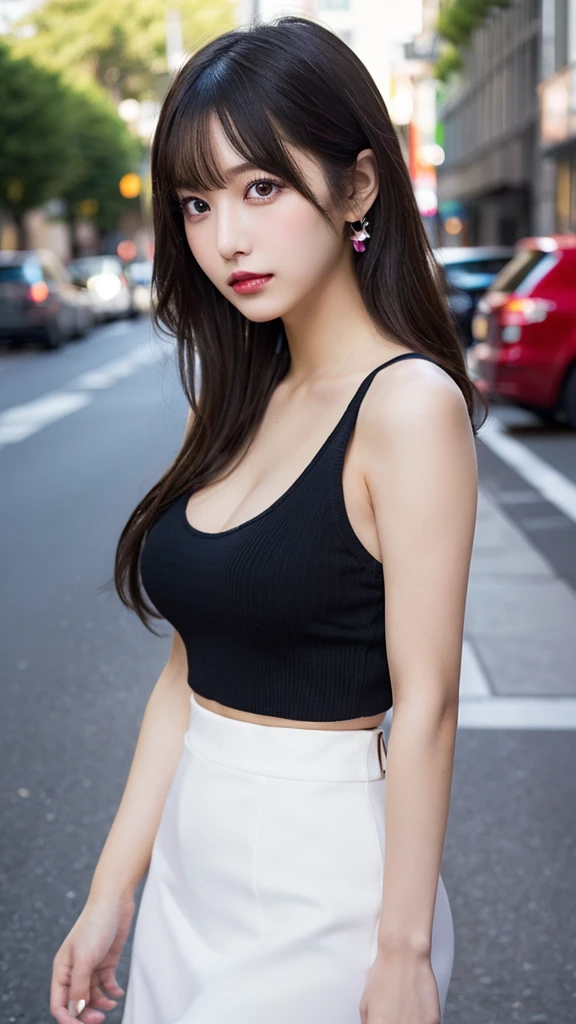 ((big breasts、long hair、small head))、sunlight、Light of the sun、(defined abs: 1.1)、(perfect body: 1.1)、(short wavy hair: 1.2)、Makeup、Azuki hair、collar、chain、full body photo、shabby street、wearing a black tank top、Denim Jacket、((shorts))、(Highly detailed CG 8k wallpaper)、(very delicate and beautiful)、(muste piece)、(highest quality: 1.0)、 (hyper resolution: 1.0)、beautiful lighting、perfect lightning、realistic shadow、[High resolution]、detailed skin、Super detailed