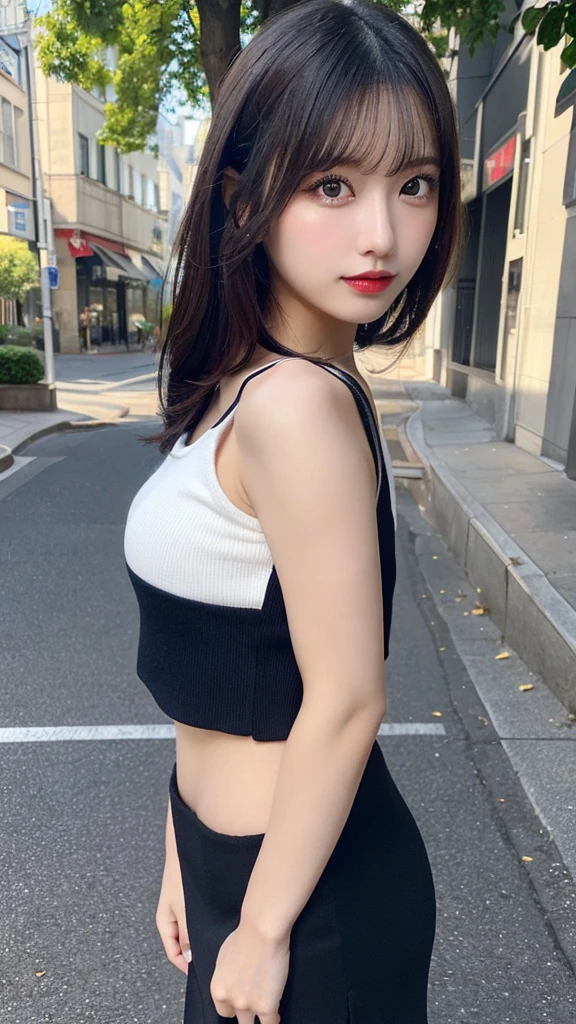 ((Midnight, Highest quality, 8K, masterpiece :1.3)), whole body, Long legs, Sharp focus :1.2, Beautiful woman with perfect figure :1.4, Slim Abs :1.1, ((Dark brown hair, Big Breasts :1.2)), (White tight T-shirt, Jean Bib, Are standing:1.2), ((Night city view)), Highly detailed face and skin texture, Fine grain, double eyelid, sunset, Darken, Backlight, Off the shoulder