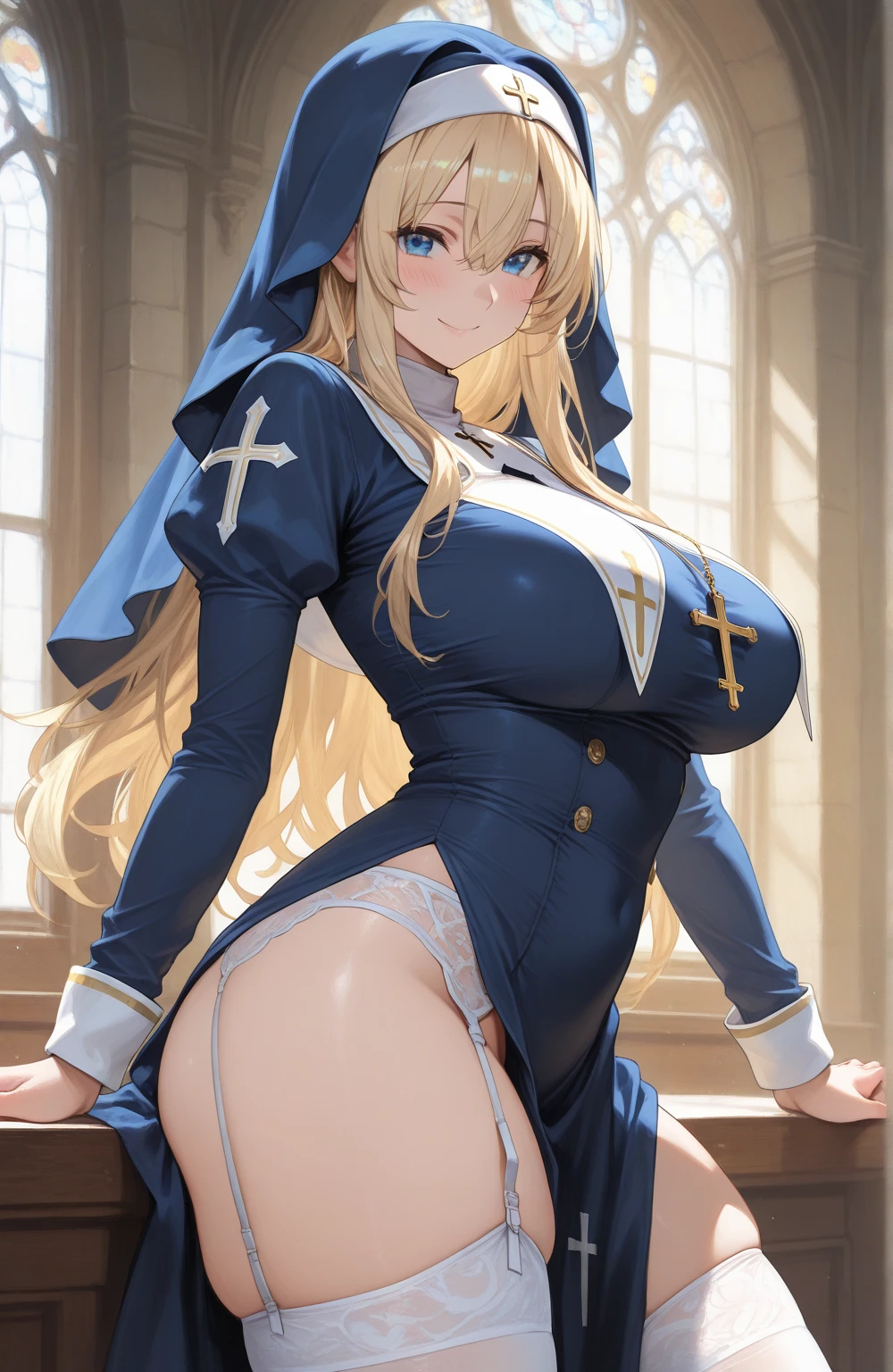 masterpiece, super fine illustration, best quality, light particles, ultra-detailed, 8K, (bright colors:1.2), young girl,[official art],[[anime styled]],[[digitalart]],siggy, nun, green eyes,long hair, brown hair, veil,(short torso),large breasts,[bare breasts,show nipples], shiny skin, oily skin,navel,elect nipple,(orgasm face),open mouth,ecstasy,embarrassed,1girl in,solo,perfect lighting,(sweat,steam),wet skin,((vaginal sex:1.5,intense Sex:1.5,woman on top)), (1boy, hetero:1.3), penis,(boy under the girl),((penis in vagina)), (cum in vagina),nsfw,church, 