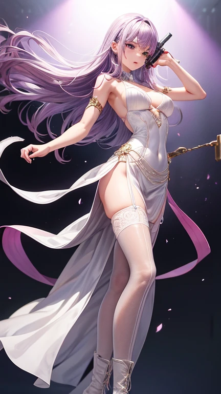 full body,beautiful hands, perfect hands, fingernails,ultra realistic 8k cg, picture-perfect face, flawless, clean, masterpiece, professional artwork, famous artwork, cinematic lighting, cinematic bloom, perfect face, beautiful face, beautiful eyes, fantasy, dreamlike, unreal, science fiction, huge breasts, beautiful clothes,light gauze wide sleeve skirt, lace, lace trim, lace-trimmed legwear, (rich:1.4), prestige, luxury, jewelry, diamond, gold, pearl, gem, sapphire, ruby, emerald, intricate detail, delicate pattern, charming, alluring, seductive, erotic, enchanting, hair ornament, necklace, earrings, bracelet, armlet,halo, ((1girl:1.8, ))