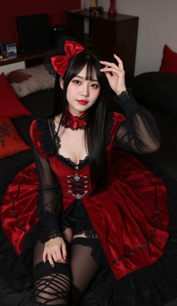 a woman in long red sheer skirt, gr3ysh33r very sensual posing