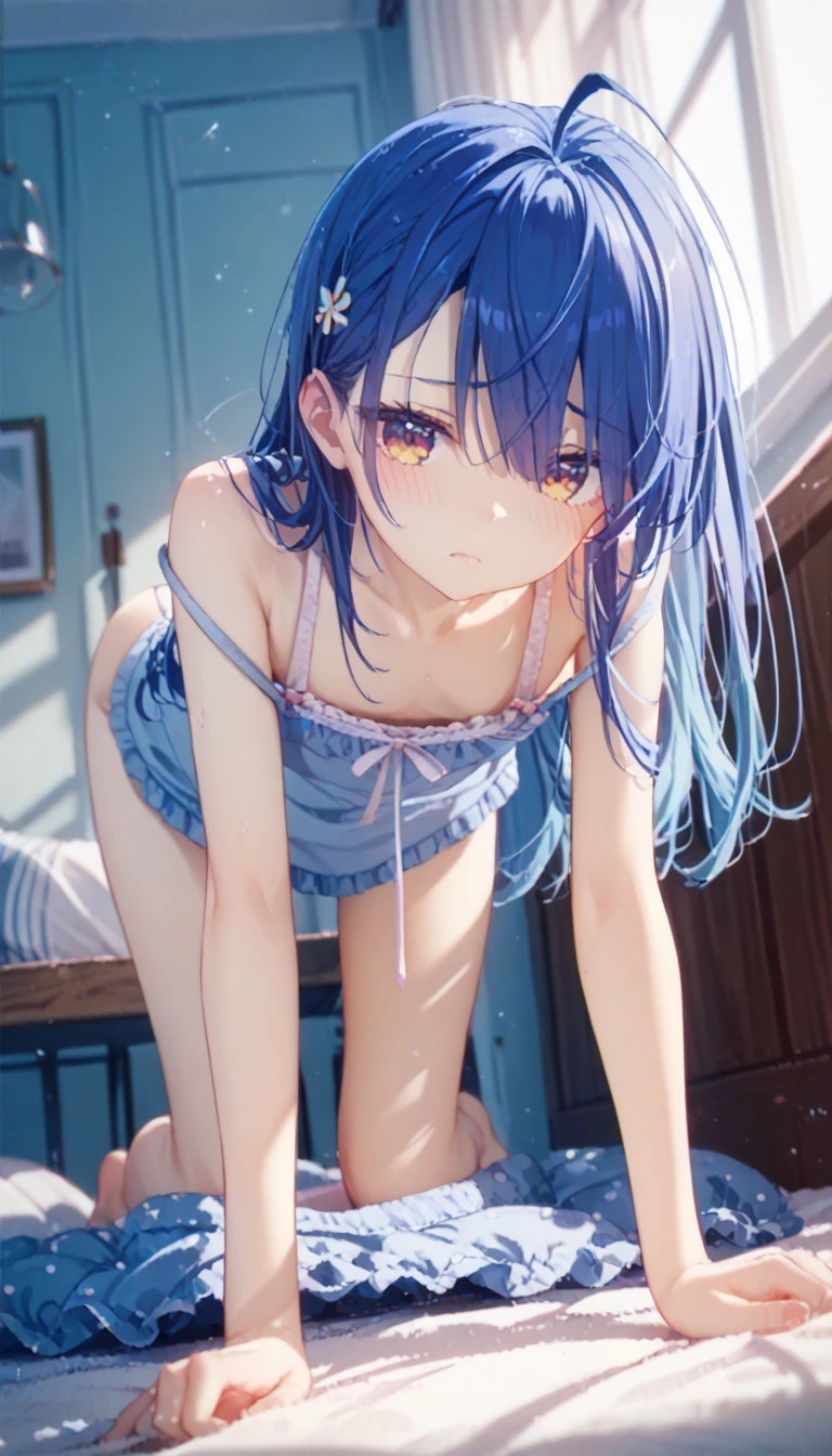 a matter of fact, daytime, sunlight, 1 woman, 8K resolution, ponytail, blue hair, blue eyes, glowing eyes, white short skirt, Blush, track field, sunlight, Strapless shirt, Wet from the rain, seethrough, Sit with your knees raised, Spread your legs, M leg, pussy, sweet smile, the skirt is blowed up, highest quality, High resolution, highly detailed face, perfect lighting, Very detailed CG, (perfect hands, perfect anatomy), minami nanami, perfect figure, armpit