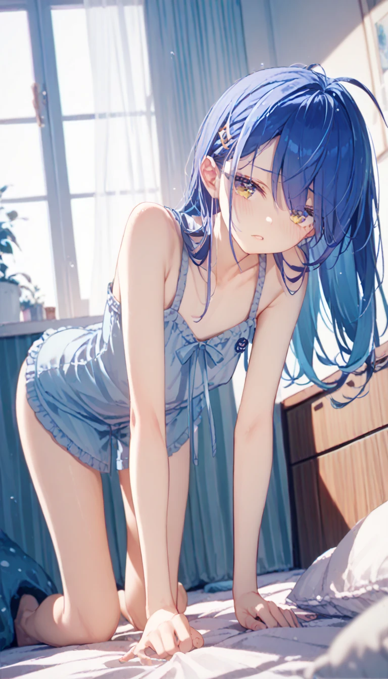 girl, jewelry, teen, school uniform, looking at viewer, sitting, from side, nsfw, undressing, large breasts, room, sweat, from above, spread legs, white print panty, anime, {masterpiece},