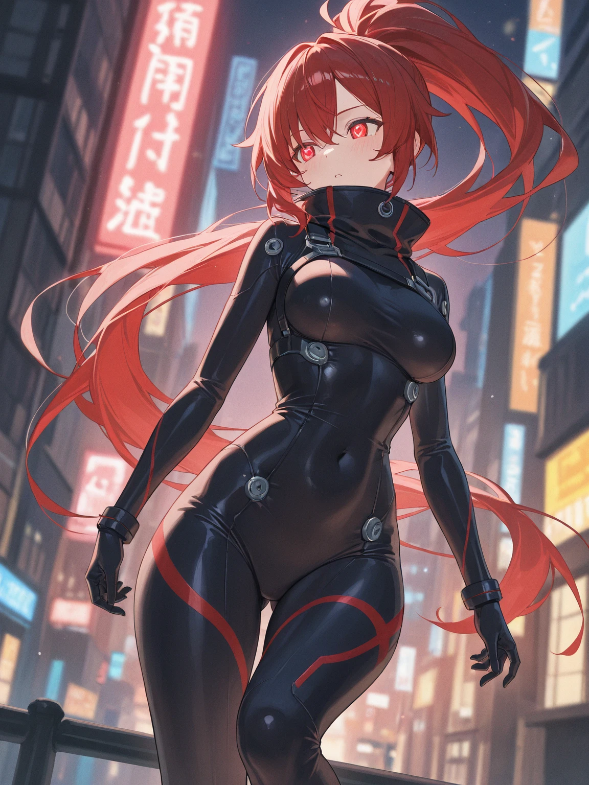 ((masterpiece,best quality, detailed)), full body, night, cityscape, souryuu asuka langley, interface headset, multicolored bodysuit, eyepatch