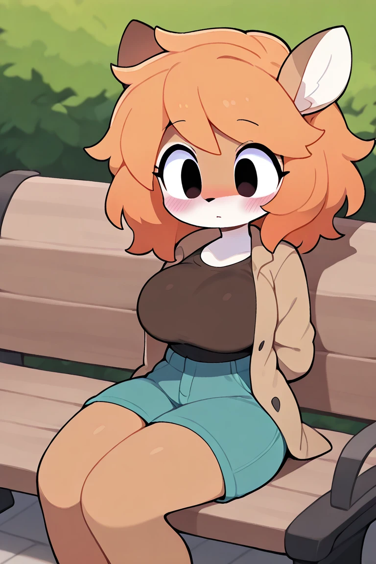 Isabelle from animal crossing sitting on a bench at the park with her  out