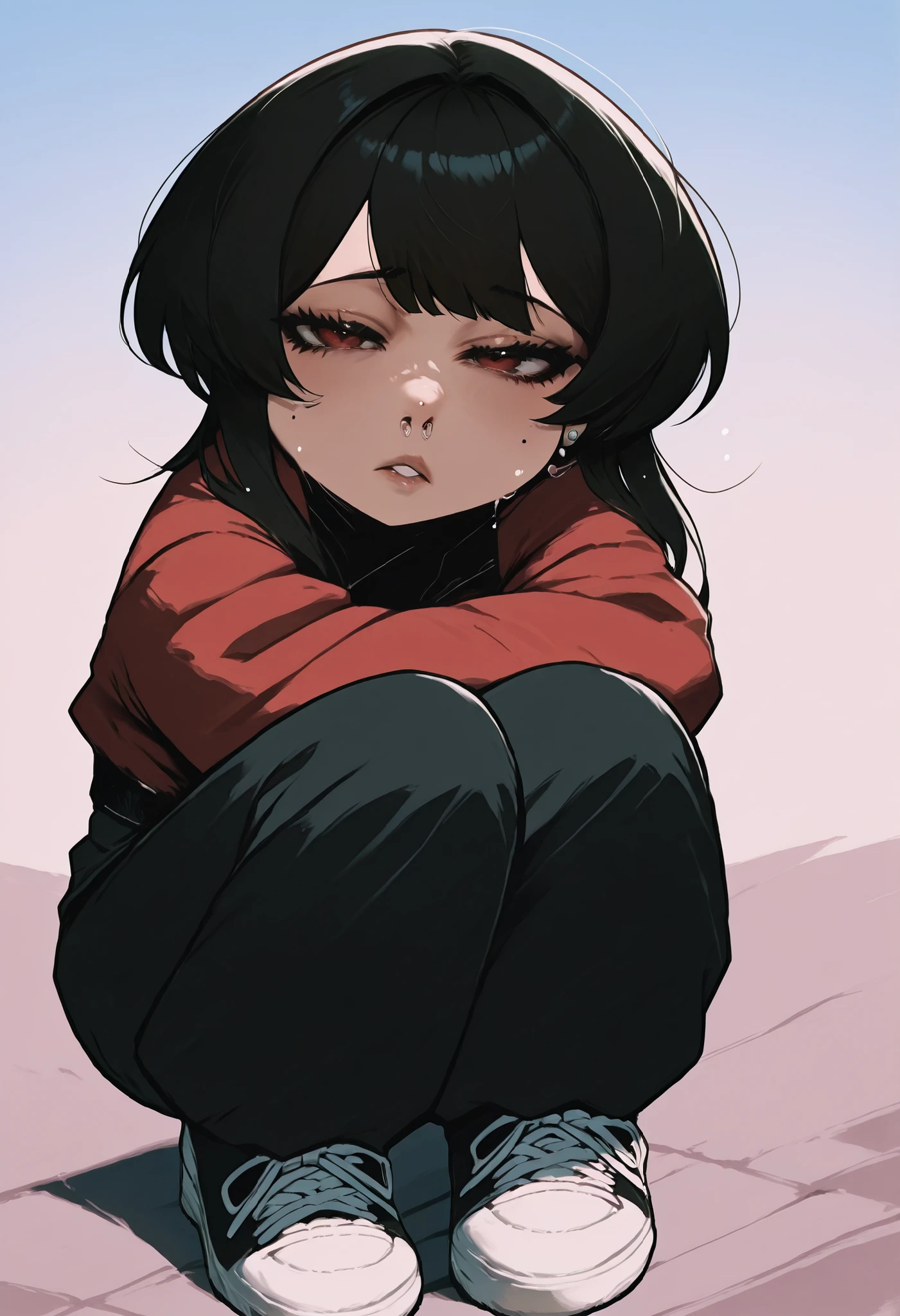 The character has a stylized look and, with a style that mixes the stripped-down with the alternative. Here is the detailed description: Cabelo: Muito volumoso, long and sky blue. The hair covers part of the face and falls down to below the waist, with messy locks that accentuate a sloppy or rebellious air. Rosto: Sleepy or bored expression, with half-closed eyes and flushed cheeks. She has visible piercings: two on the lower lip and one on the nose. Roupa: } Wear a red t-shirt with a black and white print, over which is a dark red jacket with black details. On the t-shirt you can partially read the text "look at me". hands: Black painted nails. Parte inferior: Wide pants black sneakers and white sneakers with dark details. Estilo geral: The character has a light Gothic or punk style, with an “emo” or “grunge” touch, conveying an introspective attitude, perhaps slightly melancholic or disinterested.