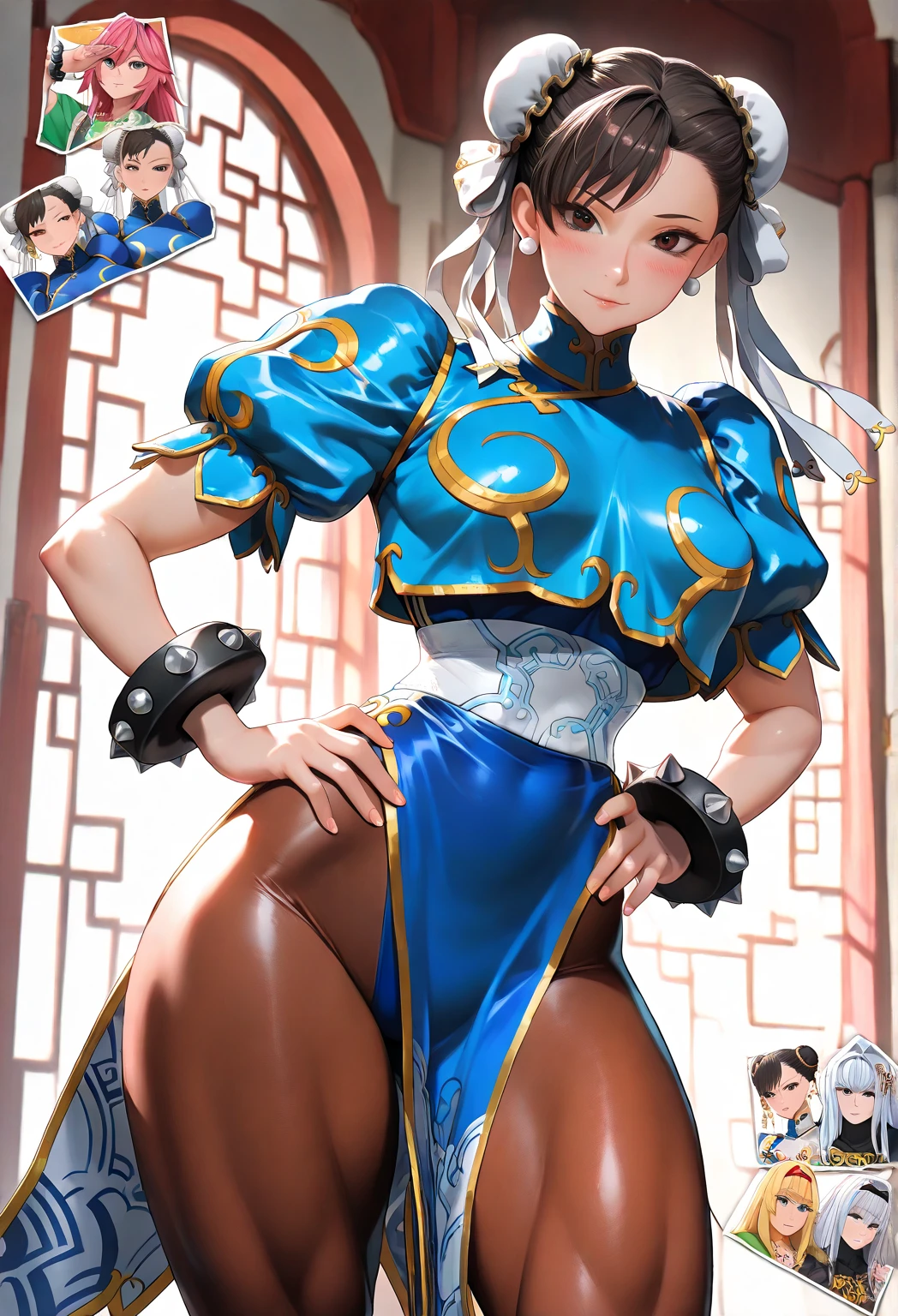 melhor qualidade,roupa azul,juri han,solo, masterpiece, best quality, agrias, grey sweater, black leotard, standing, looking at viewer, short hair,oculos,evil smile, evil look,luvas preta,roupa azul,yandere rosto,low lighting,coxa sarada copo detalhado,olhando para frente juri han,bela