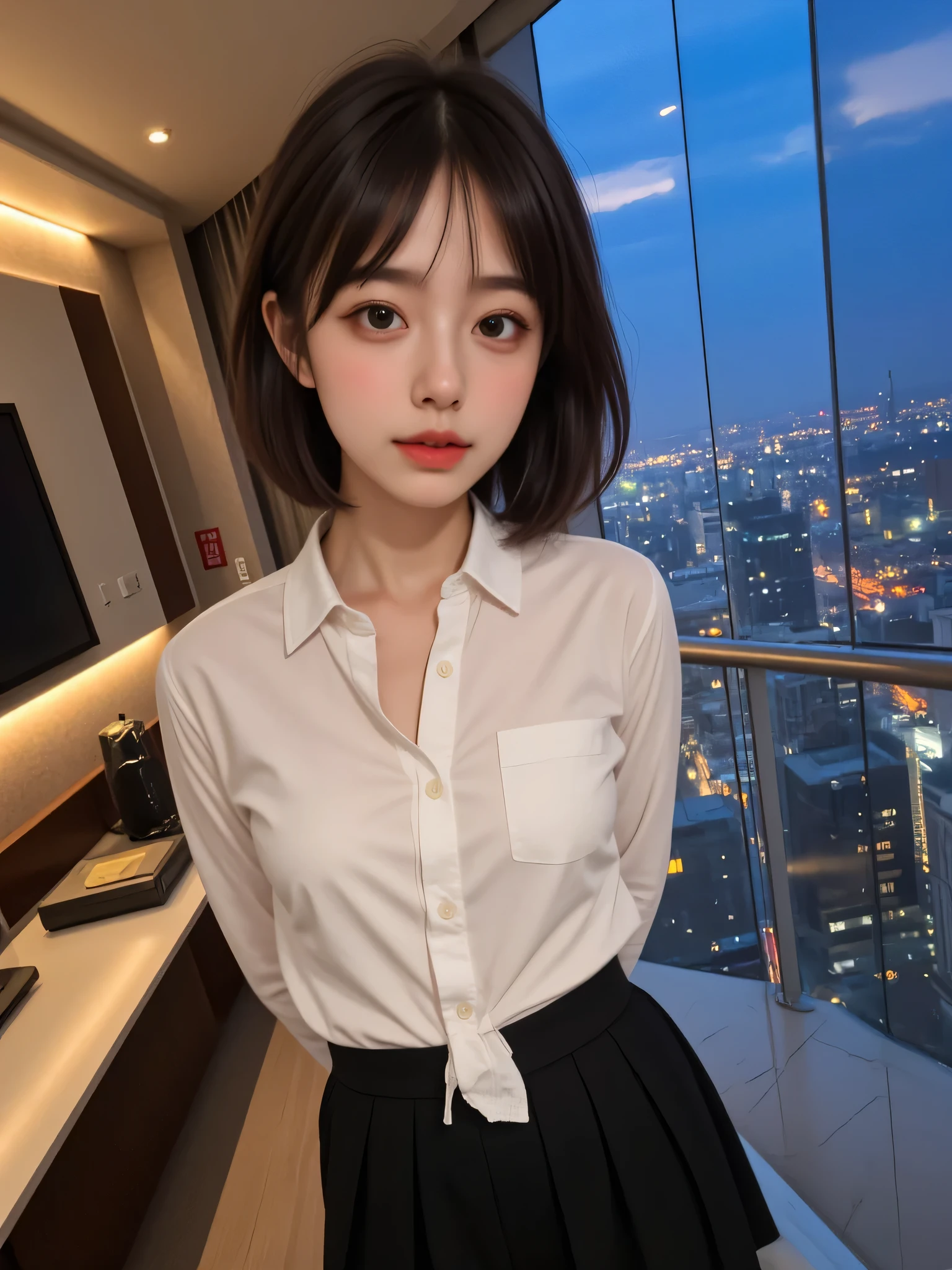 (gradient hair, dutch angle:1.3), film grain, chromatic aberration, city centre, masterpiece, best quality, raw photo, photorealistic, absurdres, 1girl, cute, perspective, cowboy shot, highres, ultra detailed, finely detail, detailed eyes and face, sharp pupils, realistic pupils, sharp focus, summer, night,