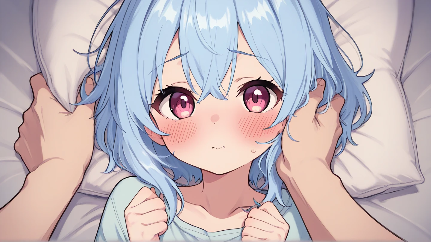 (masterpiece, 2D anime:1.2), (best quality:1.2), (very aesthetic:1.2), (absurdres:1.2), (detailed background),newest, 4K, close up to kawaii face focus, (a kawaii loli:1.5) (leaning forward and showing tiny cleavage:1.3), white glowing skin, (embarrassed with blush cheeks:1.2), (anime style big blue teary eyes with eyelashes:1.2), (silver medium two side up hair:1.3), (pajamas, small breasts, ?????? slip:1.3)