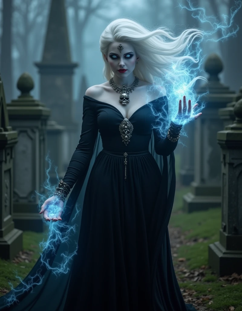 A 40 year old woman who is a beautiful woman, wears black clothes, can do magic and has white hair