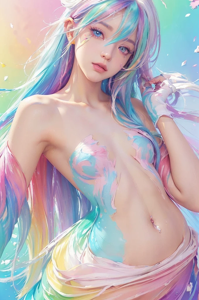 (Pink Fashion T-shirt:1.9),(Colorful hair: 1.8), (all the colours of the rainbow: 1.8),(((((vertical painting:1.6))), (painting:1.6),front, comics, illustrations, paintings, large eyes, crystal clear eyes,( rainbow color gradient high ponytail:1.7), exquisite makeup, closed mouth,(Small Fresh: 1.5),(Wipe Chest: 1.6) ,long eyelashes, white off shoulder T-shirt, White Shoulder Shirt,looking at the audience, large watery eyes, (rainbow colored hair:1.6), color splash, (solo:1.8), color splash, color explosion, thick paint style, messy lines, ((shining)),(colorful), (colorful), (colorful), colorful, Thick Paint Style, (Splash) (Color Splash), Vertical Painting, Upper Body, Paint Splash, Acrylic Pigment, Gradient, Paint, Highest Image Quality, Highest Quality, Masterpiece, Solo, Depth of Field, Face Paint, colorful clothes, (Elegant: 1.2), gorgeous,long hair, wind, (Elegant: 1.3), (Petals: 1.4),(((masterpiece))),(((best quality))),((ultra-detailed)),(illustration),(dynamic angle),((floating)),(paint),((disheveled hair)),(solo),(1girl) , (((detailed anima face))),((beautiful detailed face)),collar,bare shoulders,white hair, ((colorful hair)),((streaked hair)),beautiful detailed eyes,(Gradient color eyes),(((colorful eyes))),(((colorful background))),(((high saturation))),(((surrounded by colorful splashes))),all bodies, same colored back grounds,sexy, Highly exposed, look directly at the viewer, cleavage emphasis