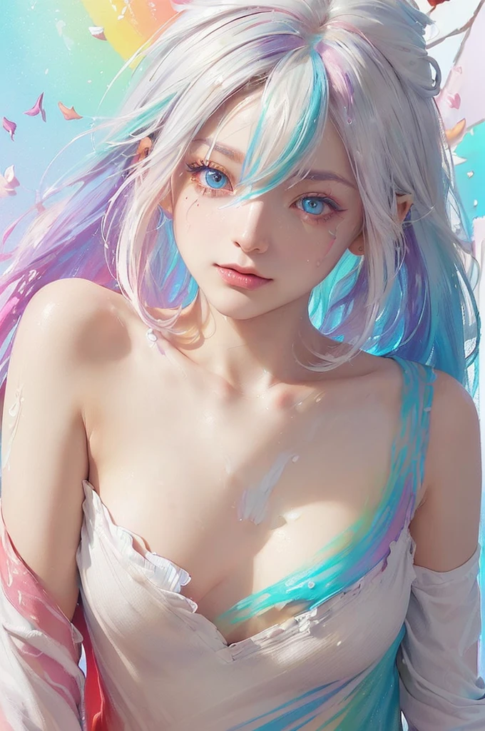 (Pink Fashion T-shirt:1.9),(Colorful hair: 1.8), (all the colours of the rainbow: 1.8),(((((vertical painting:1.6))), (painting:1.6),front, comics, illustrations, paintings, large eyes, crystal clear eyes,( rainbow color gradient high ponytail:1.7), exquisite makeup, closed mouth,(Small Fresh: 1.5),(Wipe Chest: 1.6) ,long eyelashes, white off shoulder T-shirt, White Shoulder Shirt,looking at the audience, large watery eyes, (rainbow colored hair:1.6), color splash, (solo:1.8), color splash, color explosion, thick paint style, messy lines, ((shining)),(colorful), (colorful), (colorful), colorful, Thick Paint Style, (Splash) (Color Splash), Vertical Painting, Upper Body, Paint Splash, Acrylic Pigment, Gradient, Paint, Highest Image Quality, Highest Quality, Masterpiece, Solo, Depth of Field, Face Paint, colorful clothes, (Elegant: 1.2), gorgeous,long hair, wind, (Elegant: 1.3), (Petals: 1.4),(((masterpiece))),(((best quality))),((ultra-detailed)),(illustration),(dynamic angle),((floating)),(paint),((disheveled hair)),(solo),(1girl) , (((detailed anima face))),((beautiful detailed face)),collar,bare shoulders,white hair, ((colorful hair)),((streaked hair)),beautiful detailed eyes,(Gradient color eyes),(((colorful eyes))),(((colorful background))),(((high saturation))),(((surrounded by colorful splashes))),(((huge breast:1.3)))