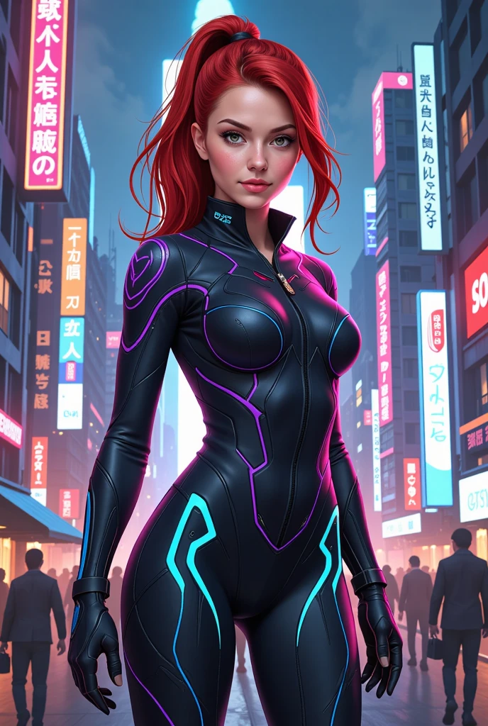 (best quality,4k,8k,highres,masterpiece:1.2),ultra-detailed,realistic(girl),beautiful detailed eyes,beautiful detailed lips,extremely detailed eyes and face,longeyelashes,digital painting,neon lights,scifi,anime,red and orange streaked shoulder-length hair,green eyes,fair skin,165cm tall,walking in the park,vivid colors,futuristic cityscape,technology,holograms,high-tech fashion,sleek design,energy pulses,glowing tattoos,floating vehicles,intense cyberpunk atmosphere.
