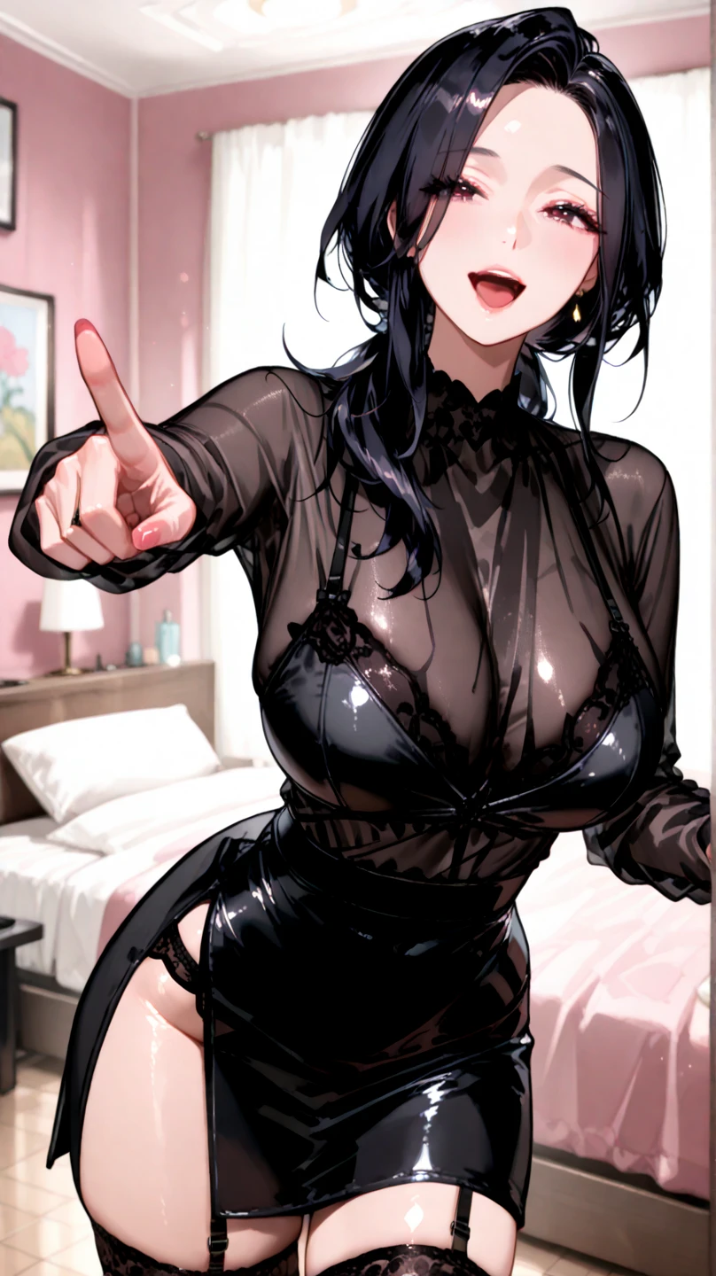 nsfw,High quality,1 woman, Beautiful woman,High-definition illustrations,Masterpiece,40yd old,milf woman,Black Hair,mother,drooling,Medium breasts,beauty breasts,fall into pleasure,spoken japanese,Cuckold face,Cuckold sex,vaginal penis,Glossy mature milf, bodycon suit
