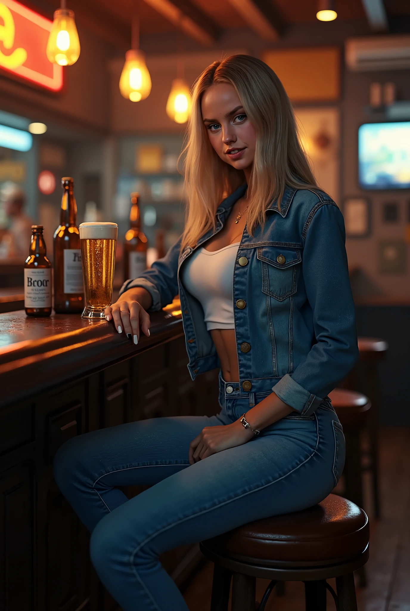 Real women, she is Blonde with short hair, she has an hourglass figure, she has a surreal, hentai-like physique, with exaggerated curves that showcase large buttocks and voluminous breasts.
Realistic style, real live
In the photo, she poses in a warm pub, decorated with dark wood and subdued lighting, creating a friendly, welcoming atmosphere. She's wearing a light, pastel-colored t-shirt, which highlights her casual style. Over it, she wears a slightly oversized denim jacket, adding a touch of cool to her look.
Her bottoms are skinny jeans that hug her curves yet remain comfortable. On her feet, she sports white sneakers, perfect for a casual moment with friends.
In her hand, she holds a banana, ready to eat it, with a knowing smile on her face, as if sharing a fun moment with her friends. The background of the pub is lively, with busy tables and diners enjoying the atmosphere, reinforcing the idea of a convivial, relaxed moment.