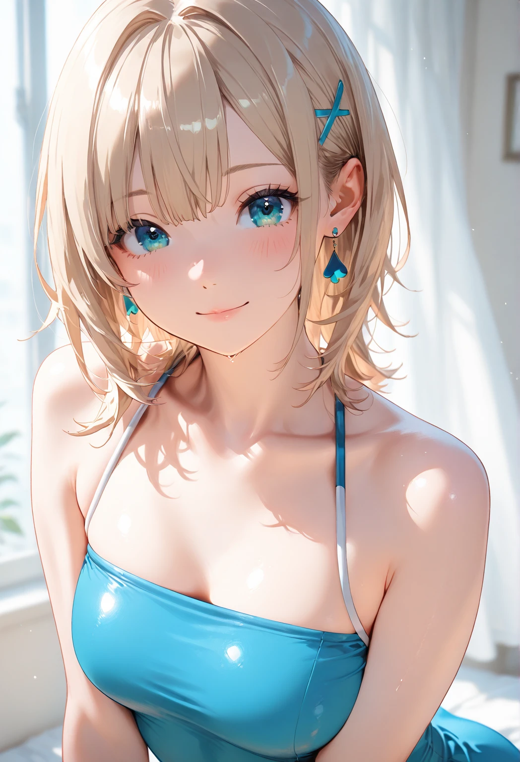 baby face, (short multicolored fluorescence hair:1.5,messy hair:1.5), (photorealistic:1.8), (masterpiece, sidelights, exquisite beautiful eyes: 1.5), masterpiece*portrait, realistic, 3D face,(cute face),front view: 1.6、 (glowing blue eyes:1.2),plump face:1.5,(tareme:1.5)、(seductive smile:1.2),Rosy Mouth,Slim Body,abs, shiny hair, shiny skin: 1.5、medium breasts,cleavage、solo,,(stand)、(Punk Rock ガール clothes)、(charactor focus:1.5、portlate:1.5、upper body),beach,