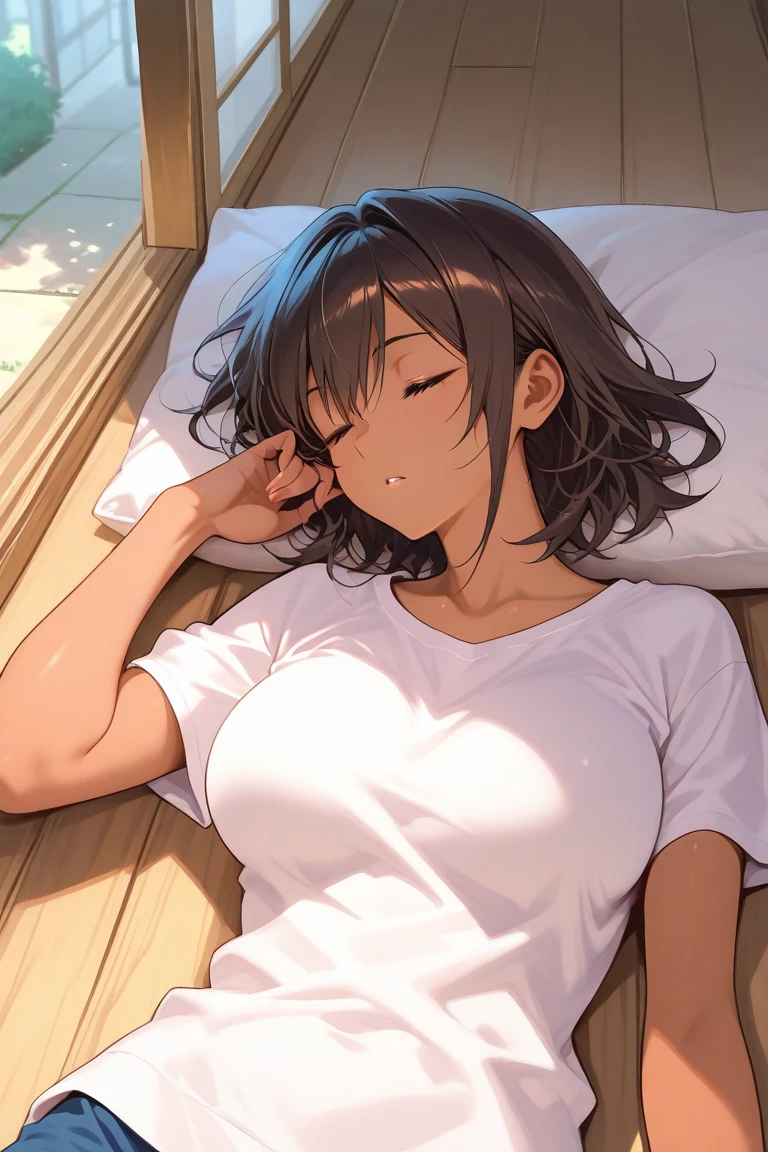 horny black girl, sleeping in bed, pajamas, very thick girl, short hair