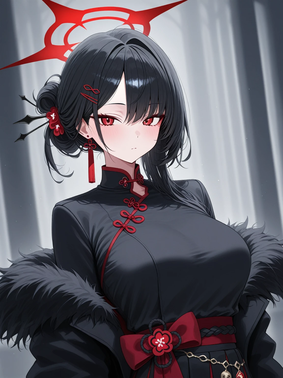 Anime girl, teenager, short dark black hair, dark black eyes, fair skin, dark kimono, looking at you with an blank expression, sharp features, yakuza boss