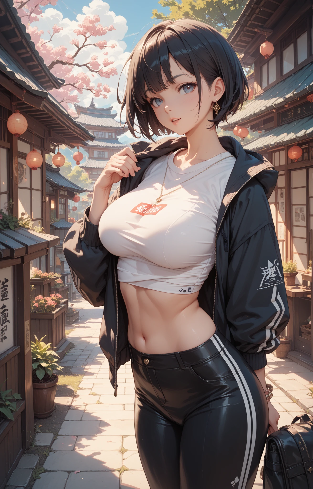 model, digital illustration, (Masterpiece:1.2), High quality, Detailed eyes, Very beautiful girl., short hair, Street wear, thick, (abdomen:1.2), (Bloom:1.2)